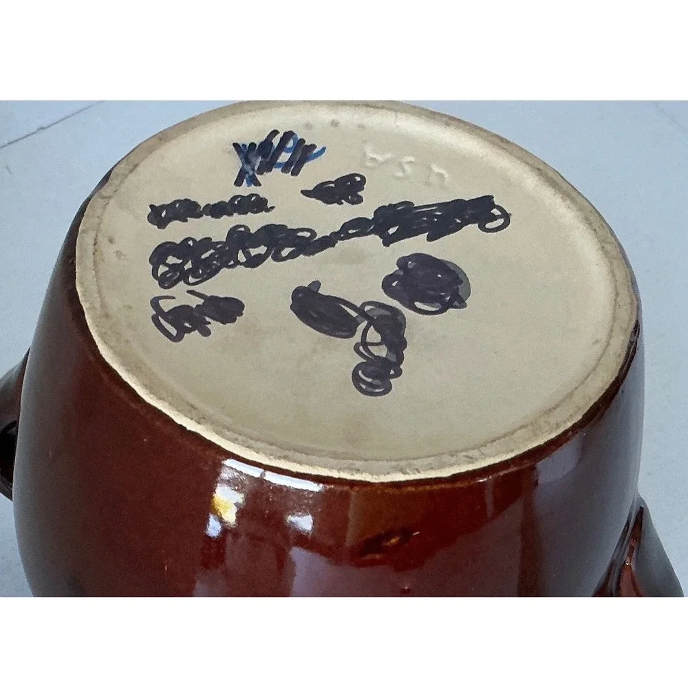 Vintage Ceramic Bean Pot Double Handle‎ Brown Stoneware USA Crock Small